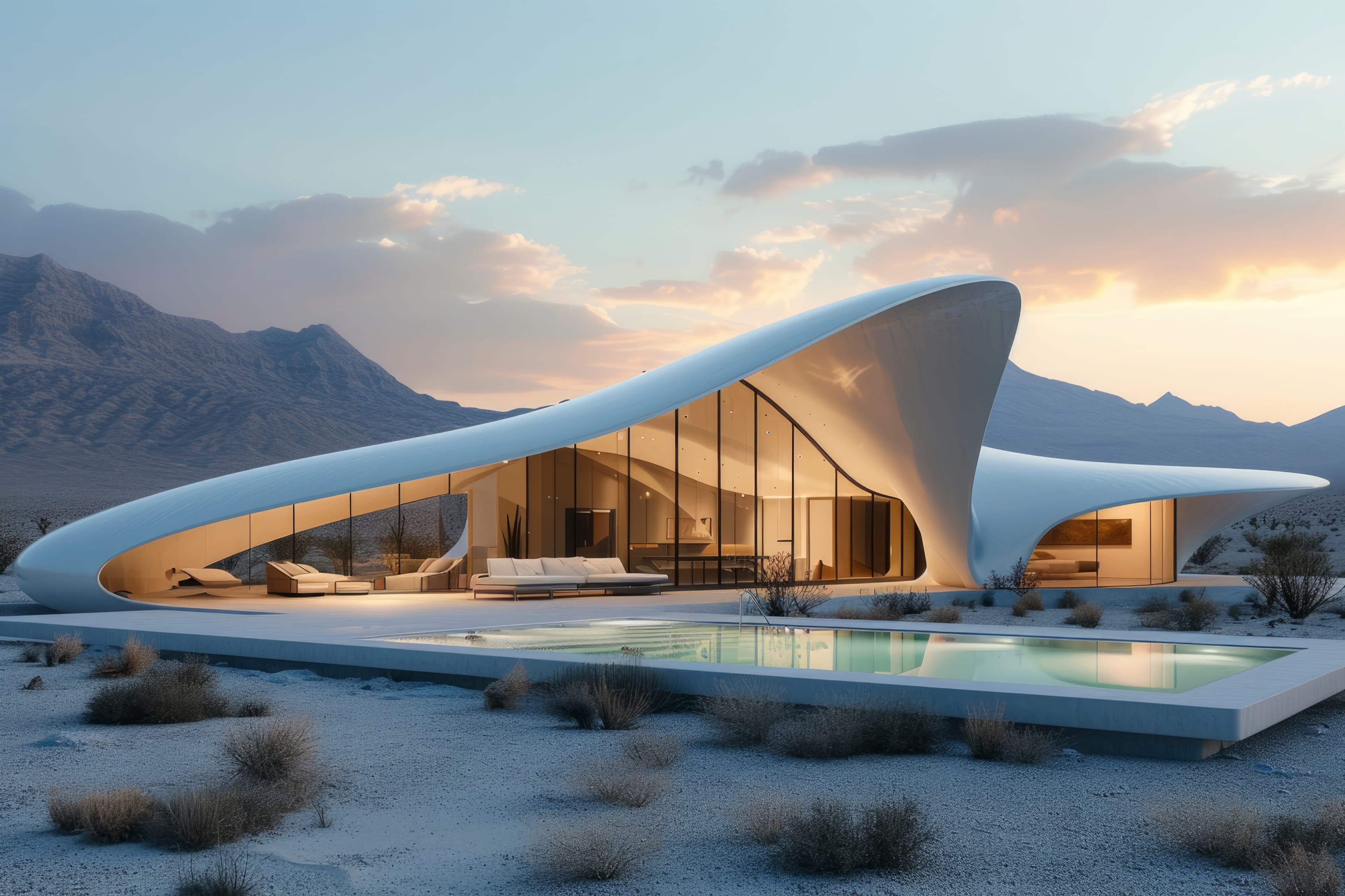 Modern desert villa at sunset with infinity pool and mountain backdrop