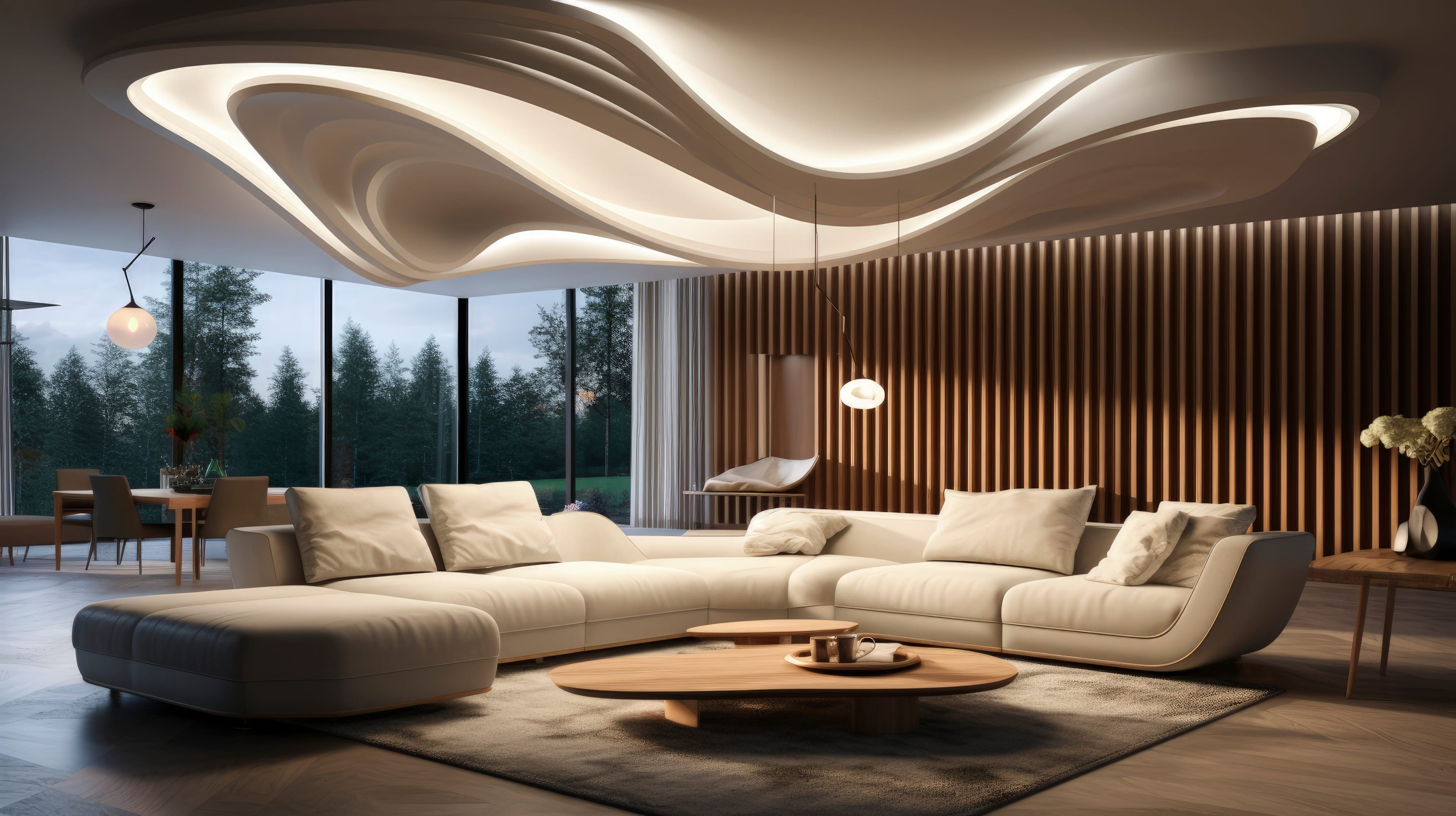 Premium interior architecture with sculpted ceiling and warm lighting